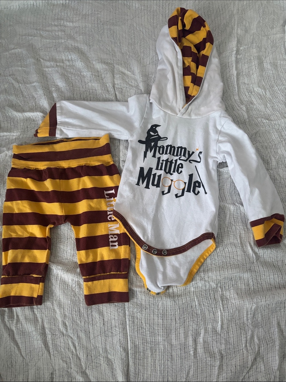 Mommy's Little Muggle Hooded One-Piece Set - White with Maroon & Gold Stripes